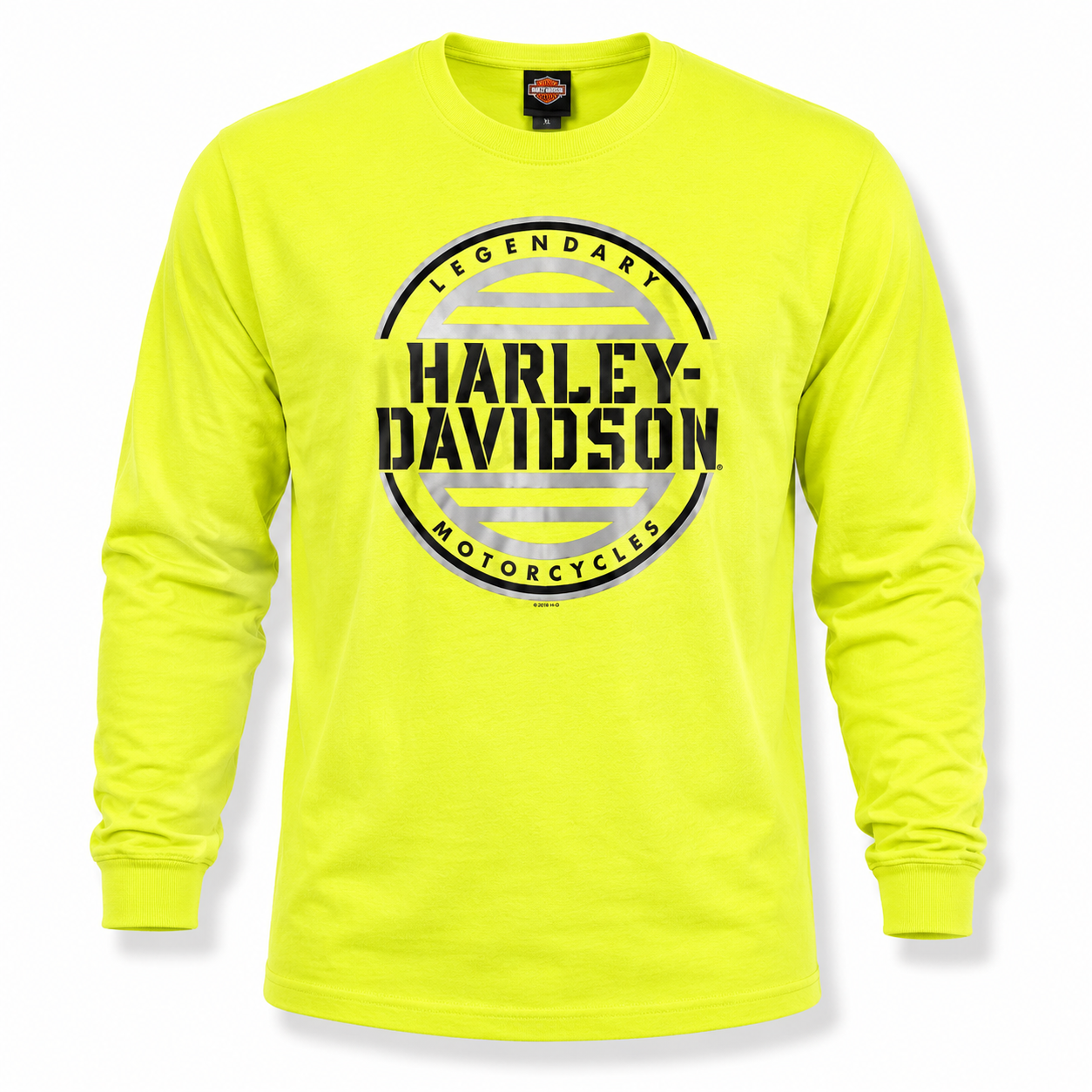 Harley-Davidson Men's Hi-Vis Green Long Sleeve T-Shirt – 100% Cotton Legendary Motorcycles Graphic Tee
