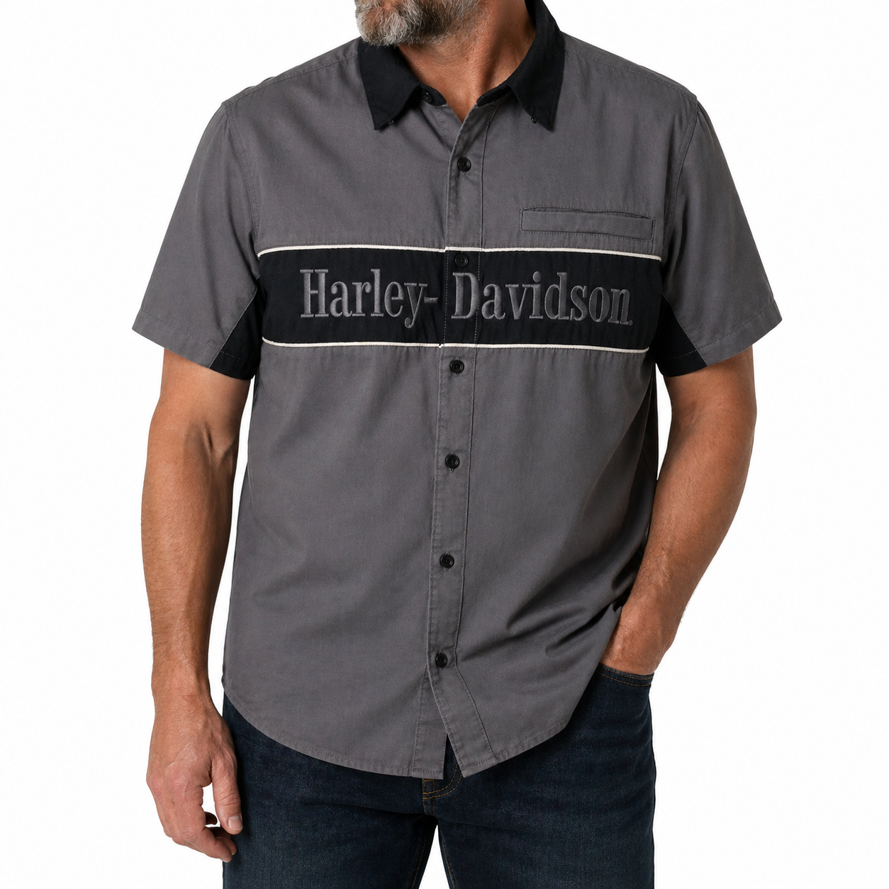 Harley-Davidson Men's Short Sleeve Button Shirt, The Mechanic - Gray - 96150-25VM