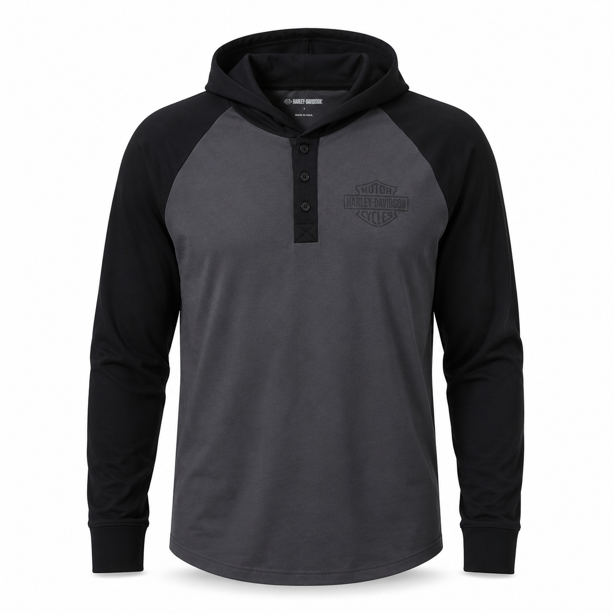Harley-Davidson Men's Long Sleeve Raglan Henley with Hood, Gray - 96723-25VM