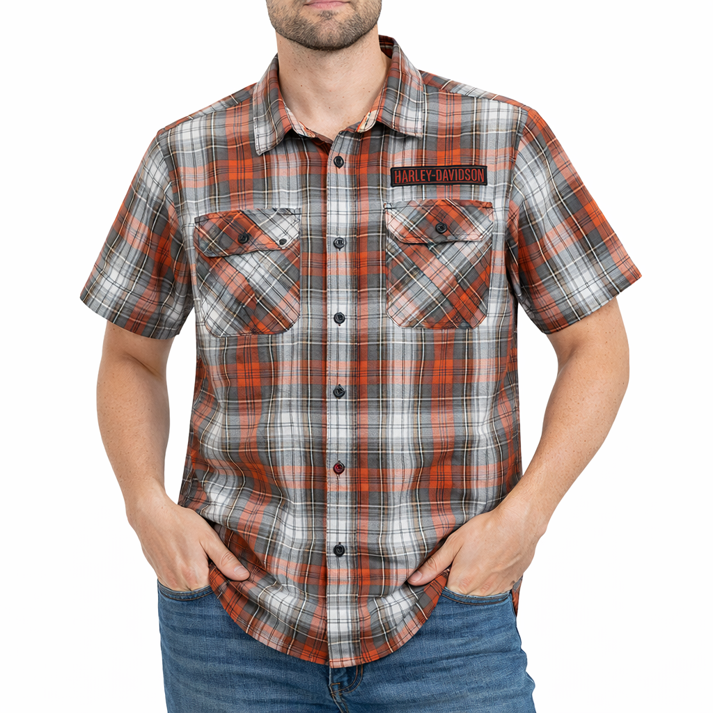 Harley-Davidson Men's Plaid Button Shirt, Block Font, Orange - 96738-25VM