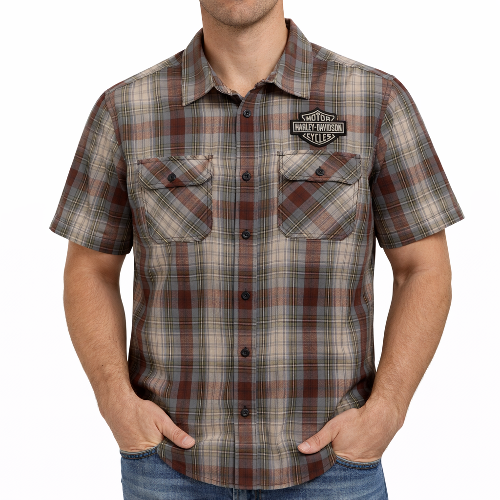 Harley-Davidson Men's Plaid Button Short Sleeve Shirt, Brown Harley-Davidson Men's Plaid Button Short Sleeve Shirt, Brown