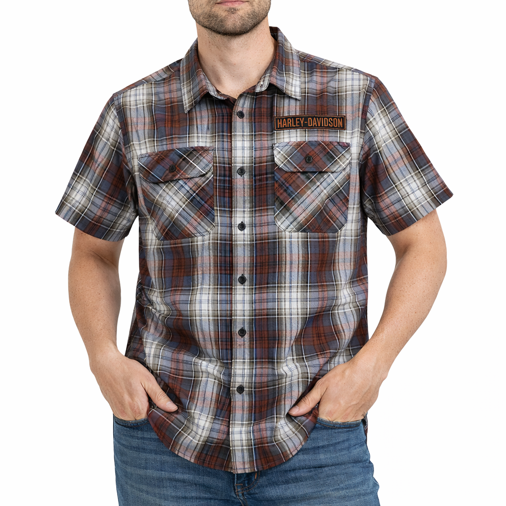harley davidson dress shirt Harley-Davidson Men's Plaid Button Shirt, Block Font, Red