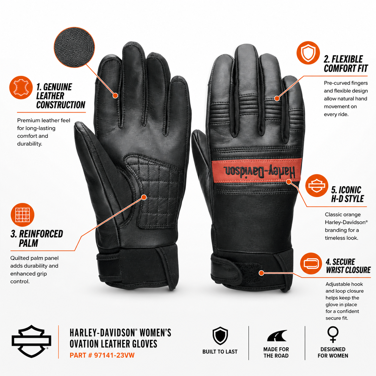 Harley-Davidson Women's Leather Motorcycle Gloves Ovation, Black - 97141-23VW