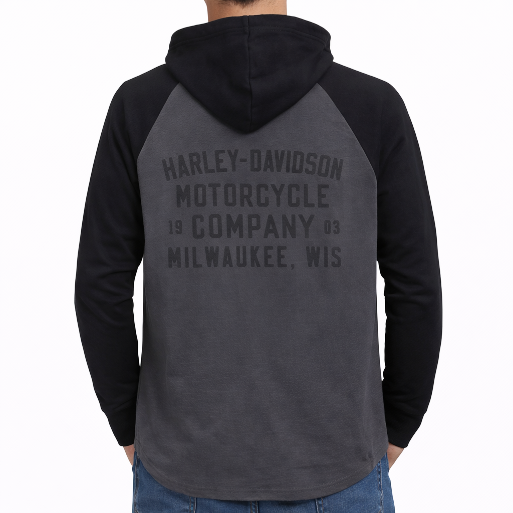 Harley-Davidson Men's Long Sleeve Raglan Henley with Hood, Gray - 96723-25VM