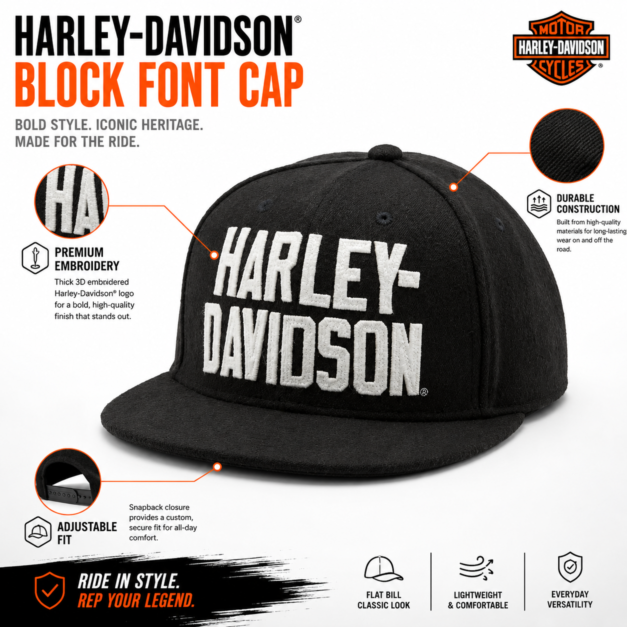 Harley-Davidson Men's Black Adjustable Baseball Cap | Bar & Shield Motorcycle Hat | 97770-25VM