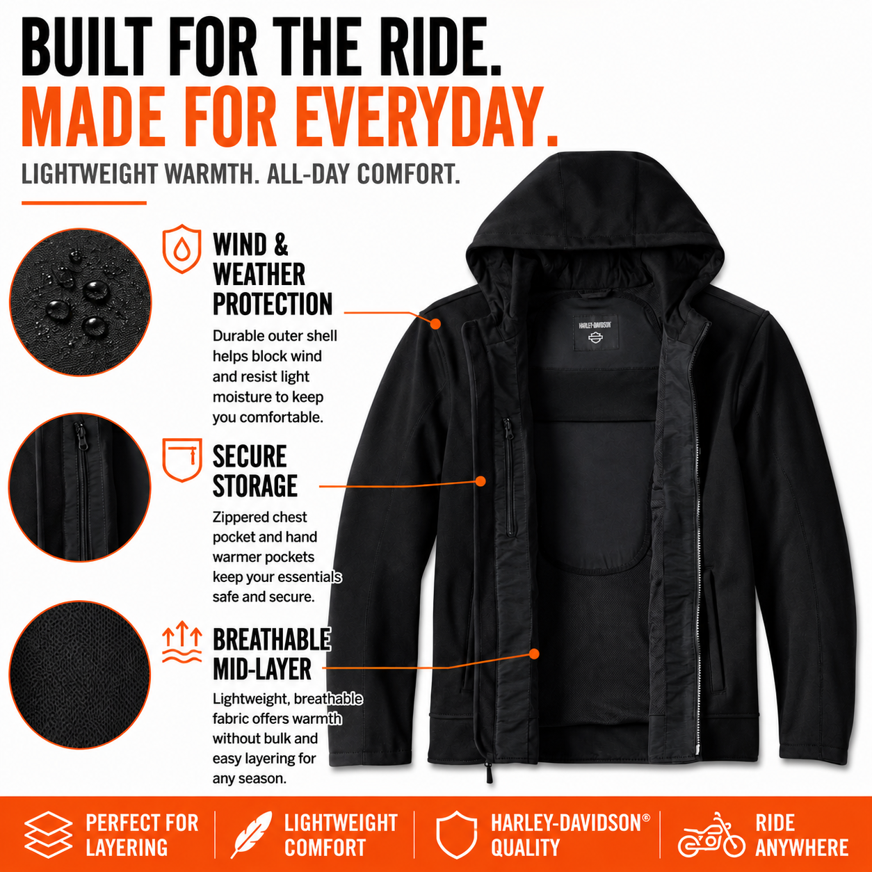 Harley-Davidson Men's Hooded Motorcycle Riding Jacket, Deflector– Windproof, Abrasion-Resistant – Black (98102-23VM)