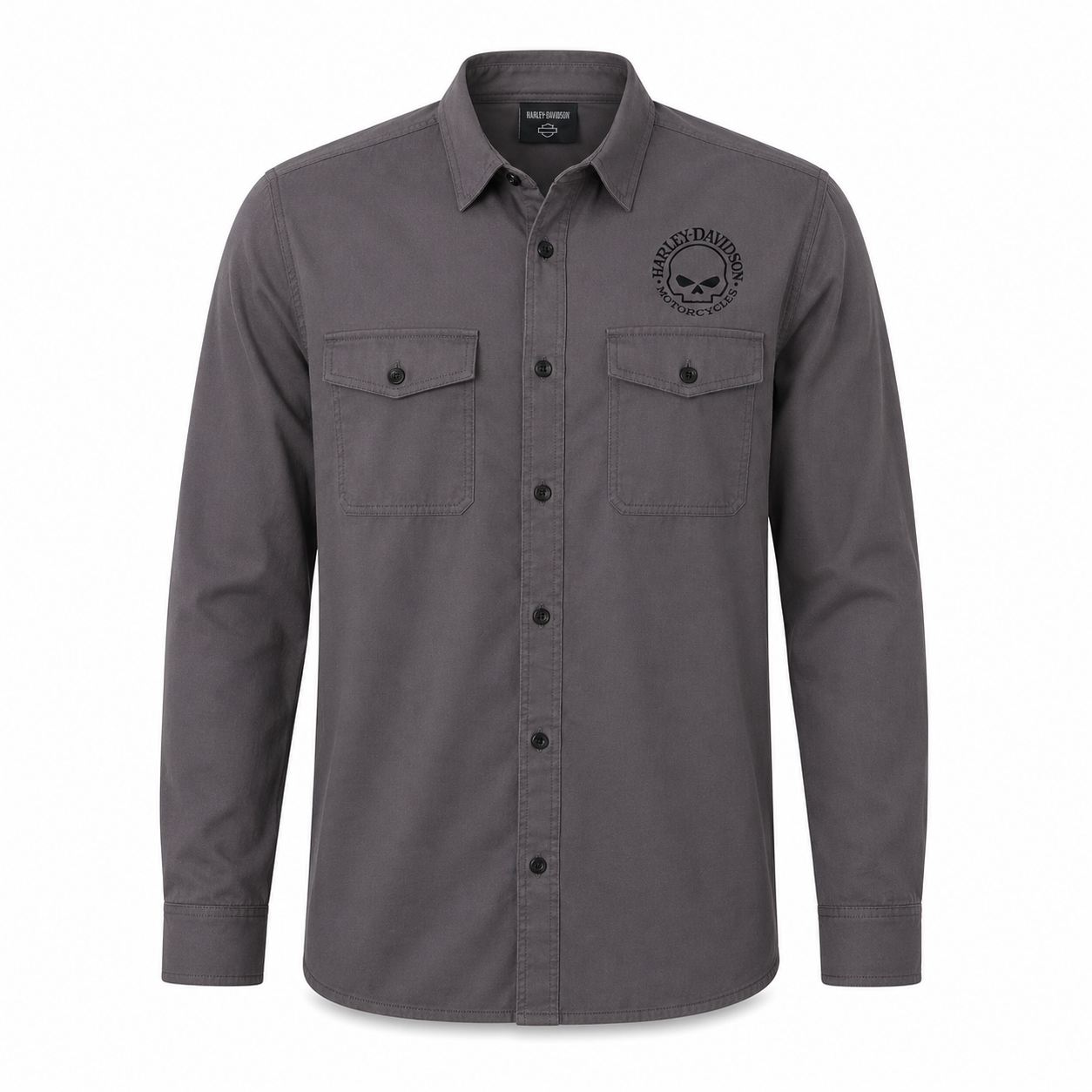 Harley-Davidson Men's Long Sleeve Button Shirt, Willie G Skull, Gray -