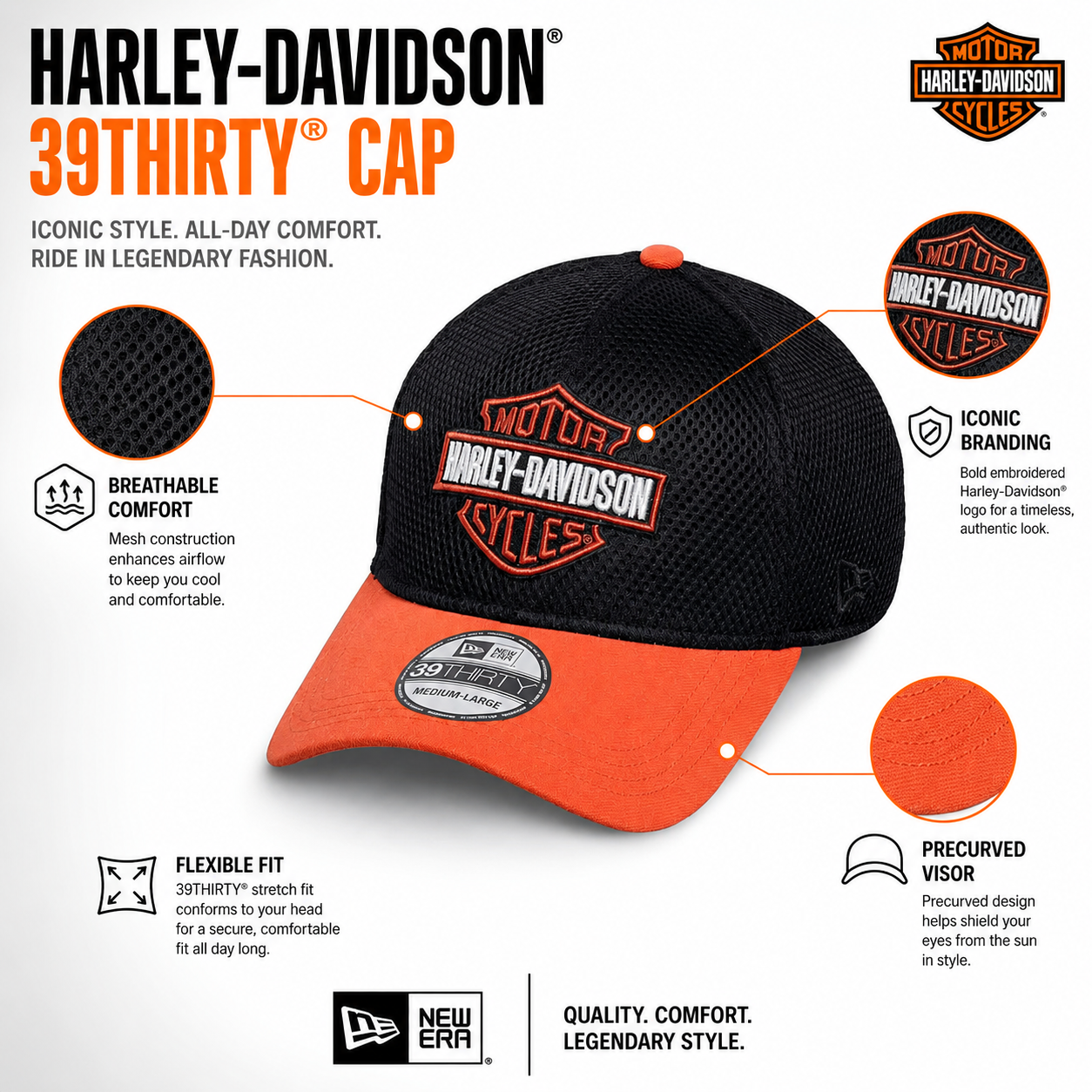 Harley-Davidson 39THIRTY Stretch Fit Baseball Cap Colorblocked Logo - 99447-16VM