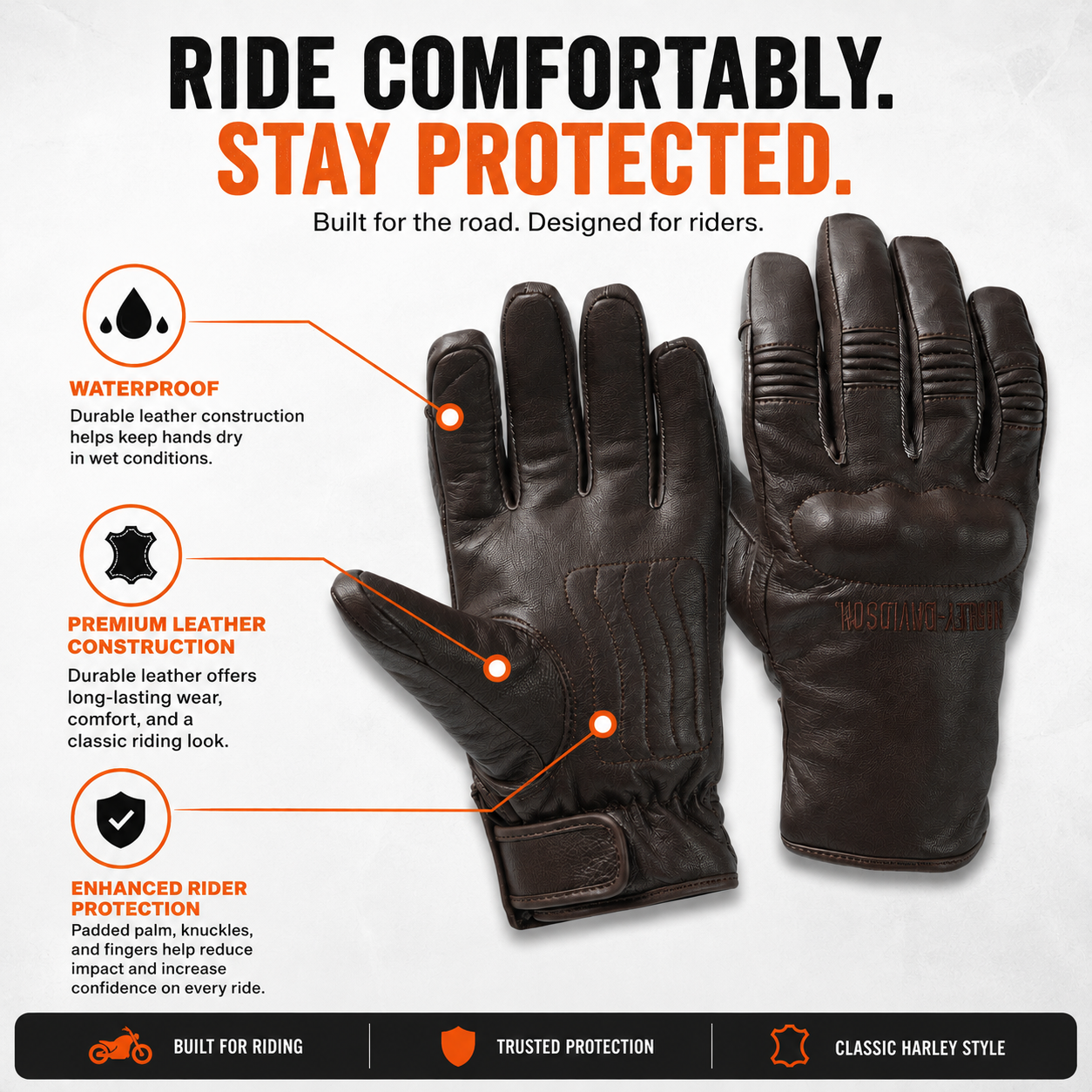 Harley-Davidson Men’s Waterproof Leather Motorcycle Gloves – Brown, Touchscreen Compatible, 97117-24VM