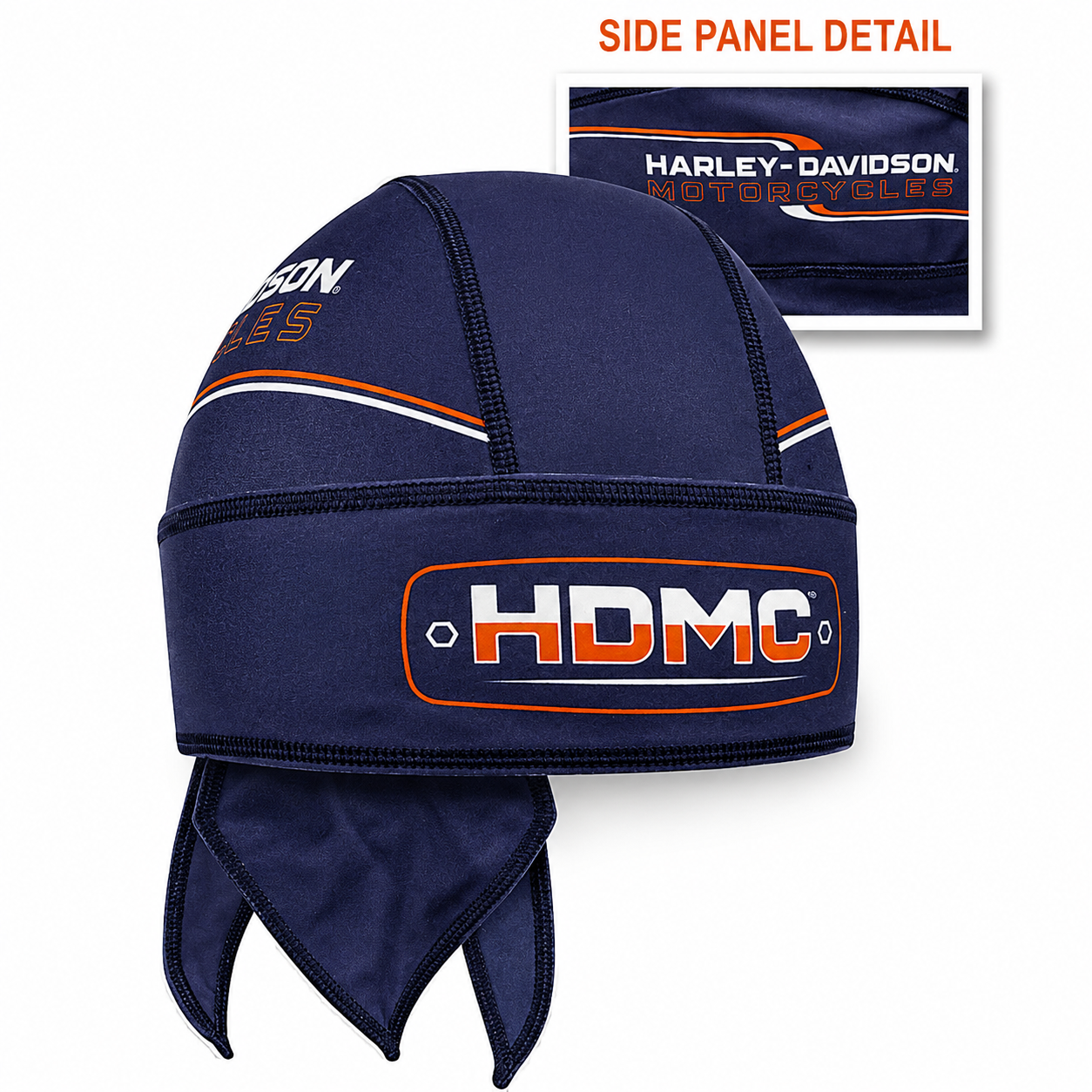 Navy blue skull cap with orange and white text, featuring Harley-Davidson logo.