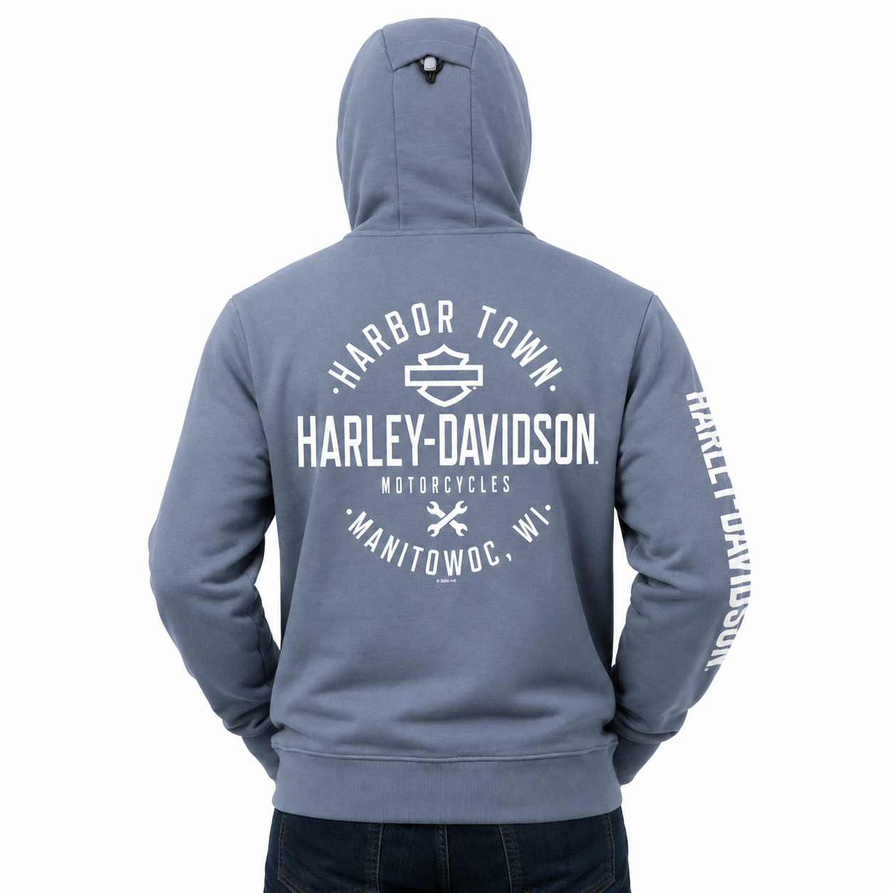 Blue hoodie with Harley-Davidson branding on a white background