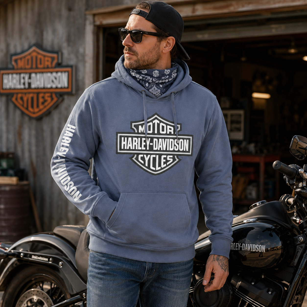 Man wearing a Harley-Davidson hoodie standing next to a motorcycle in a garage.