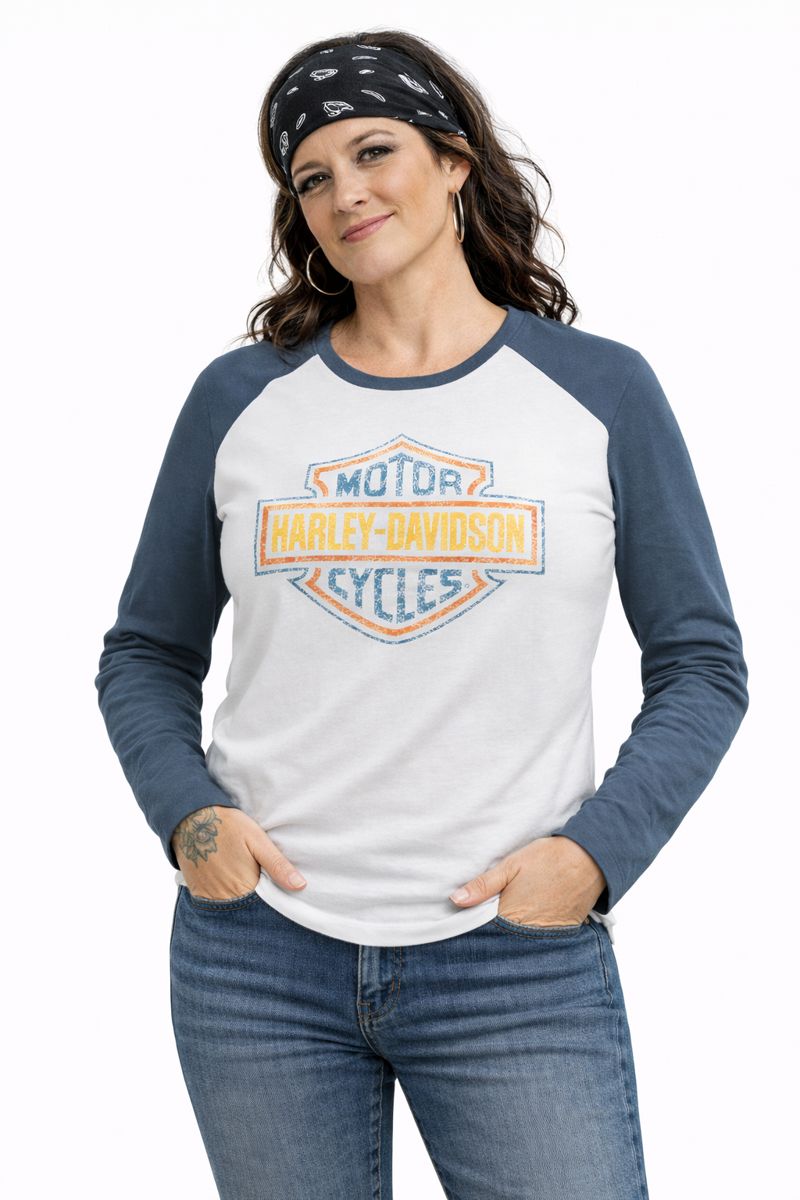 Harley-Davidson Women's Long Sleeve Baseball Tee, Blue - 96075-22VW