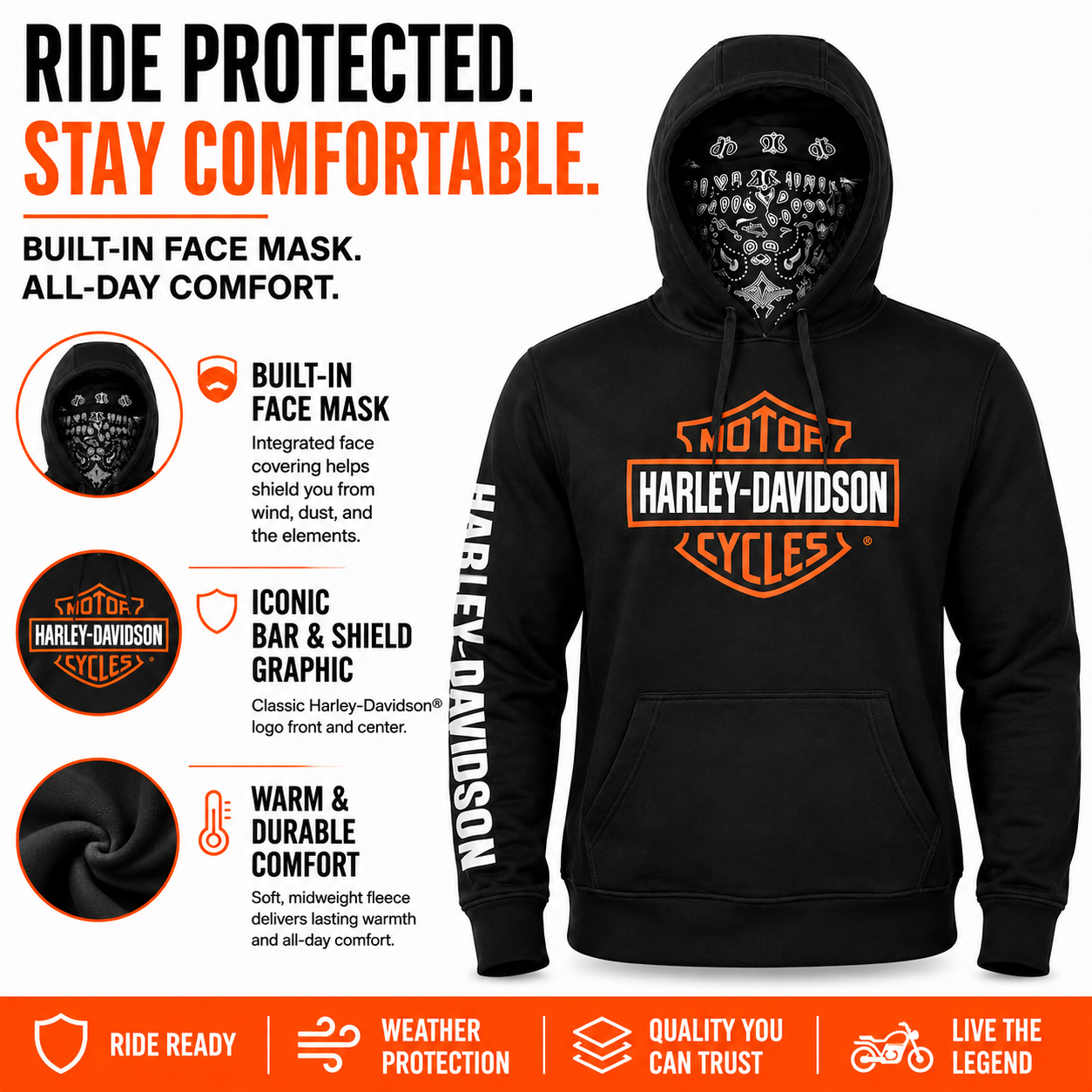 Harley-Davidson Men's Pullover Hoodie with Built-In Face Mask | Black Bar & Shield Sweatshirt
