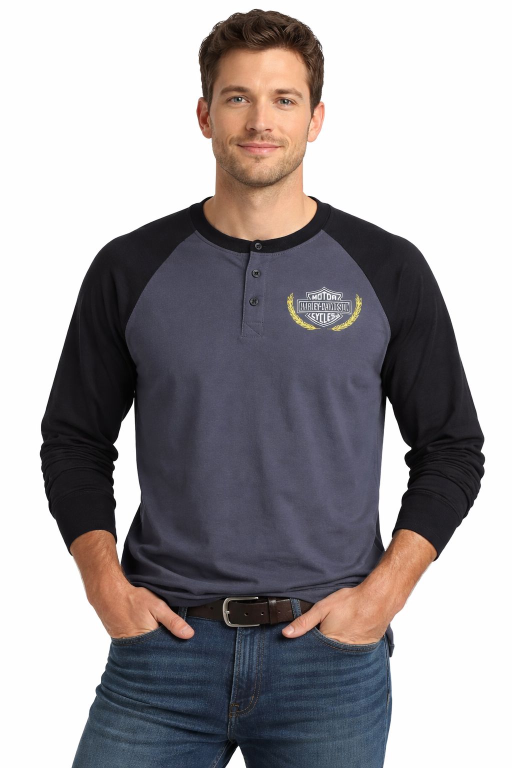 Harley-Davidson Men's Long Sleeve Henley Shirt, Trophy Bar & Shield Black - 96434-24VM