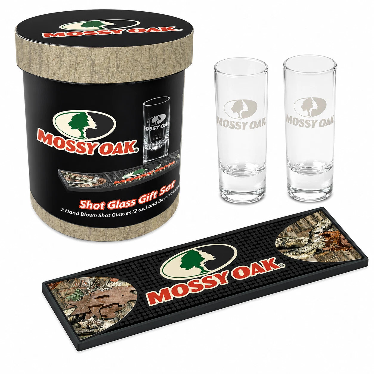 Mossy Oak Shot Glass Gift Set with Bar Mat & Storage Cup – Hunting Gift for Men