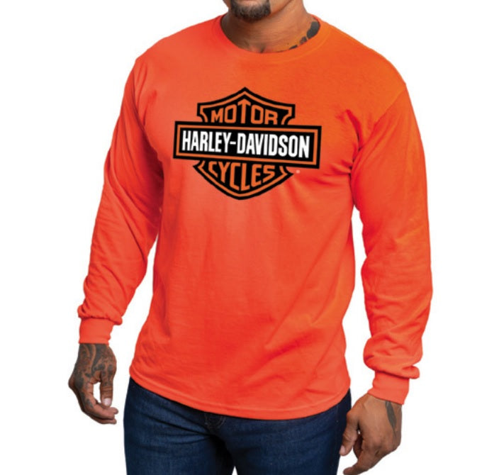 Harley-Davidson™ Mens Bar and Shield Long Sleeve, Safety Orange T-Shirt