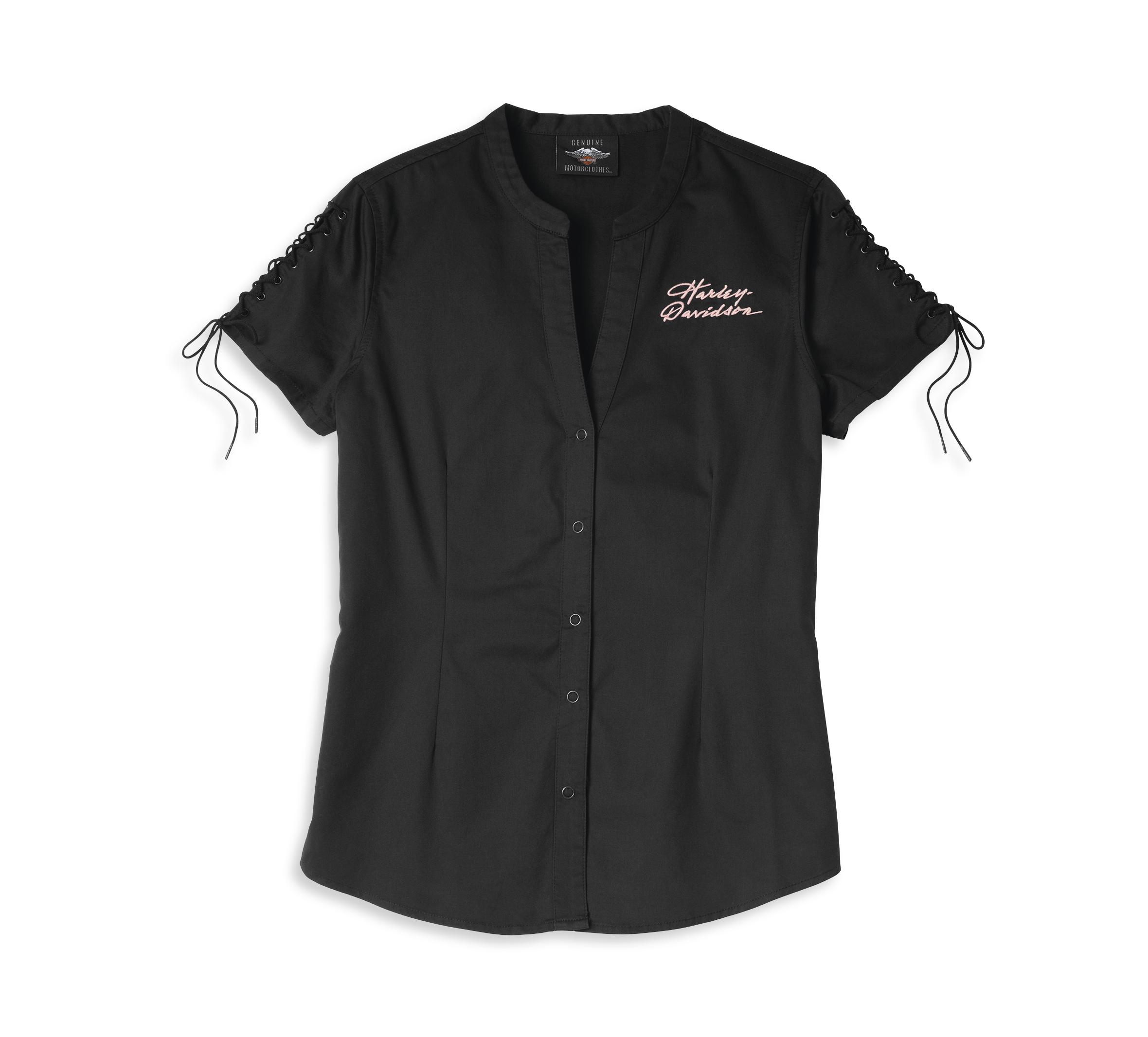 Harley-Davidson Women's Script Font Laced Sleeve Shirt - 96115-22VW