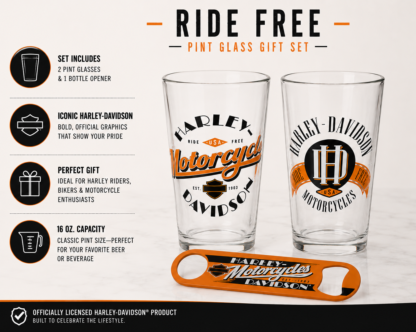Harley-Davidson Gift Set for Men – Ride Free Pint Glasses & Bottle Opener HDL-18798