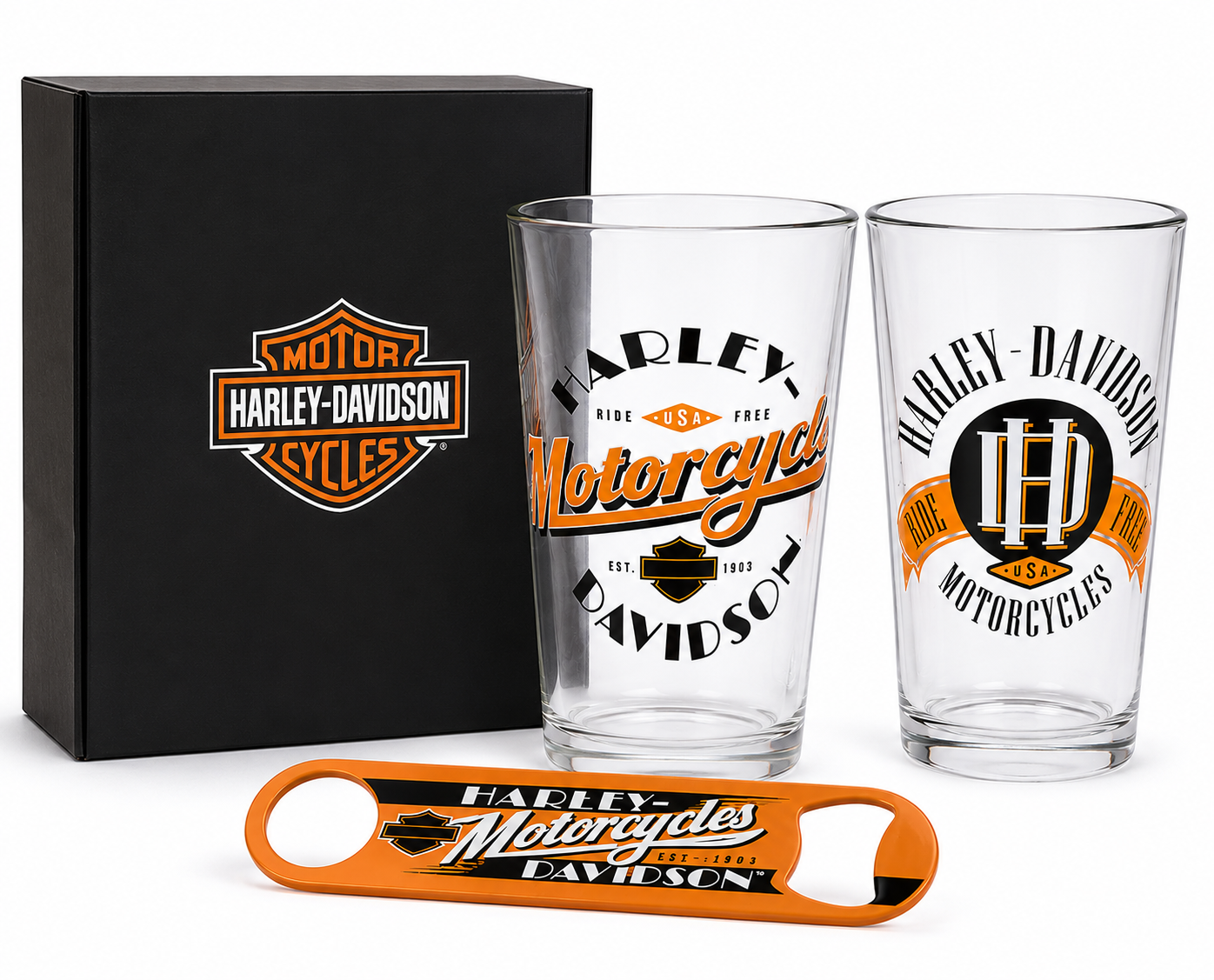 Harley-Davidson Gift Set for Men – Ride Free Pint Glasses & Bottle Opener HDL-18798