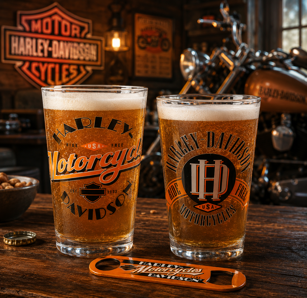 Harley-Davidson Gift Set for Men – Ride Free Pint Glasses & Bottle Opener HDL-18798