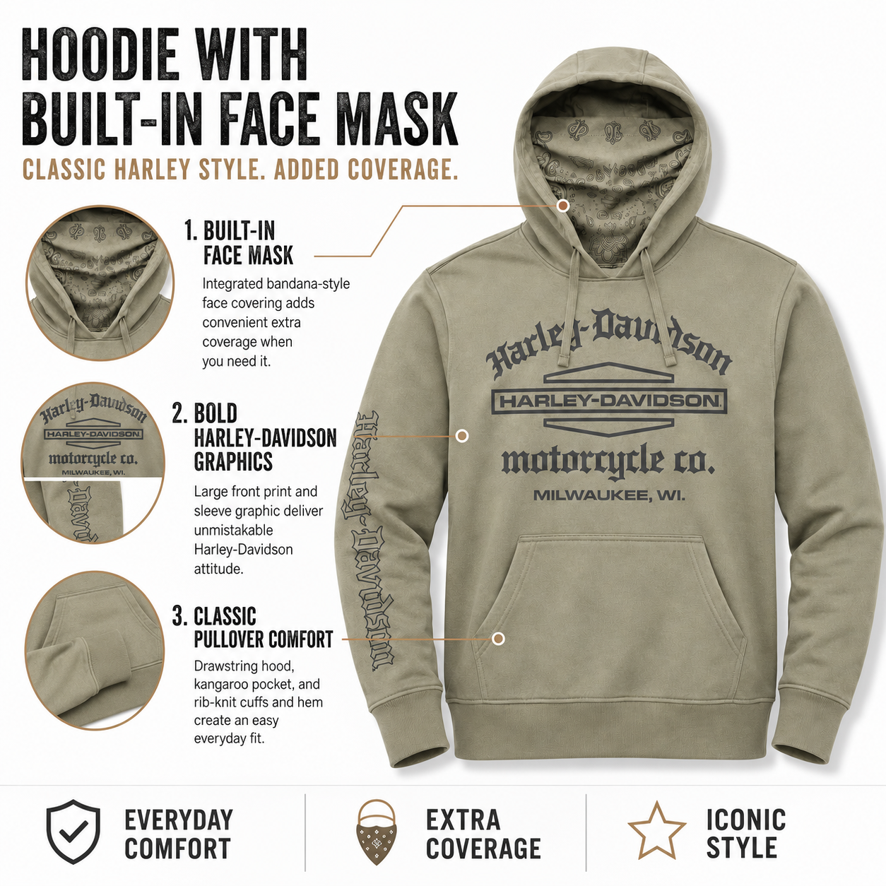 Harley-Davidson Men's Hoodie with adjustable Face Mask | Green