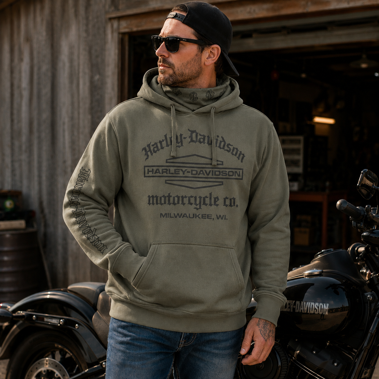Harley-Davidson Men's Hoodie with adjustable Face Mask | Green