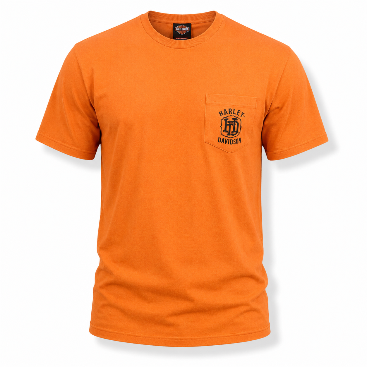 Harley-Davidson Men's Orange Pocket T-Shirt – 100% Cotton Graphic Tee