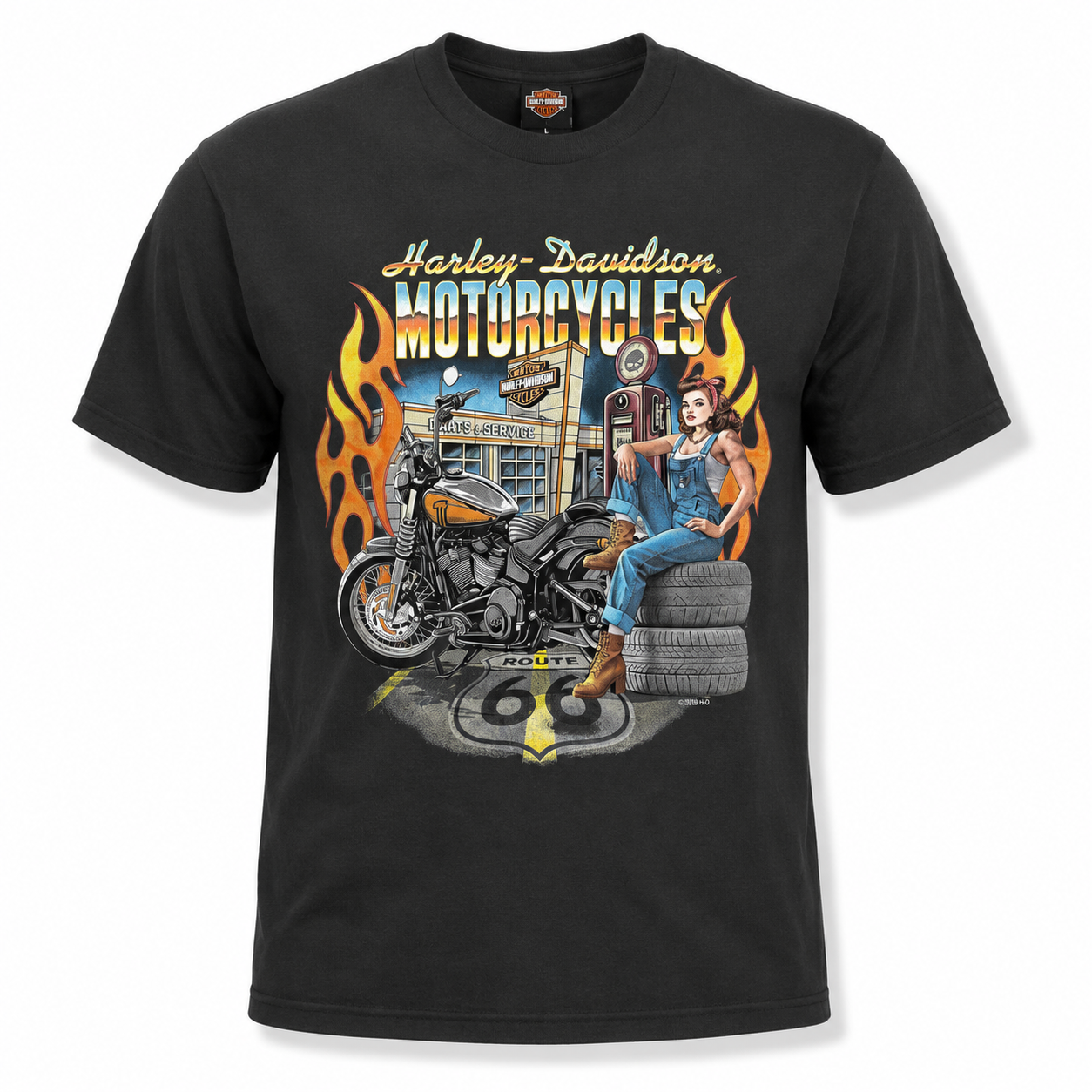 Harley-Davidson Men's Route 66 Pin-Up Graphic T-Shirt – Black Cotton Motorcycle Tee