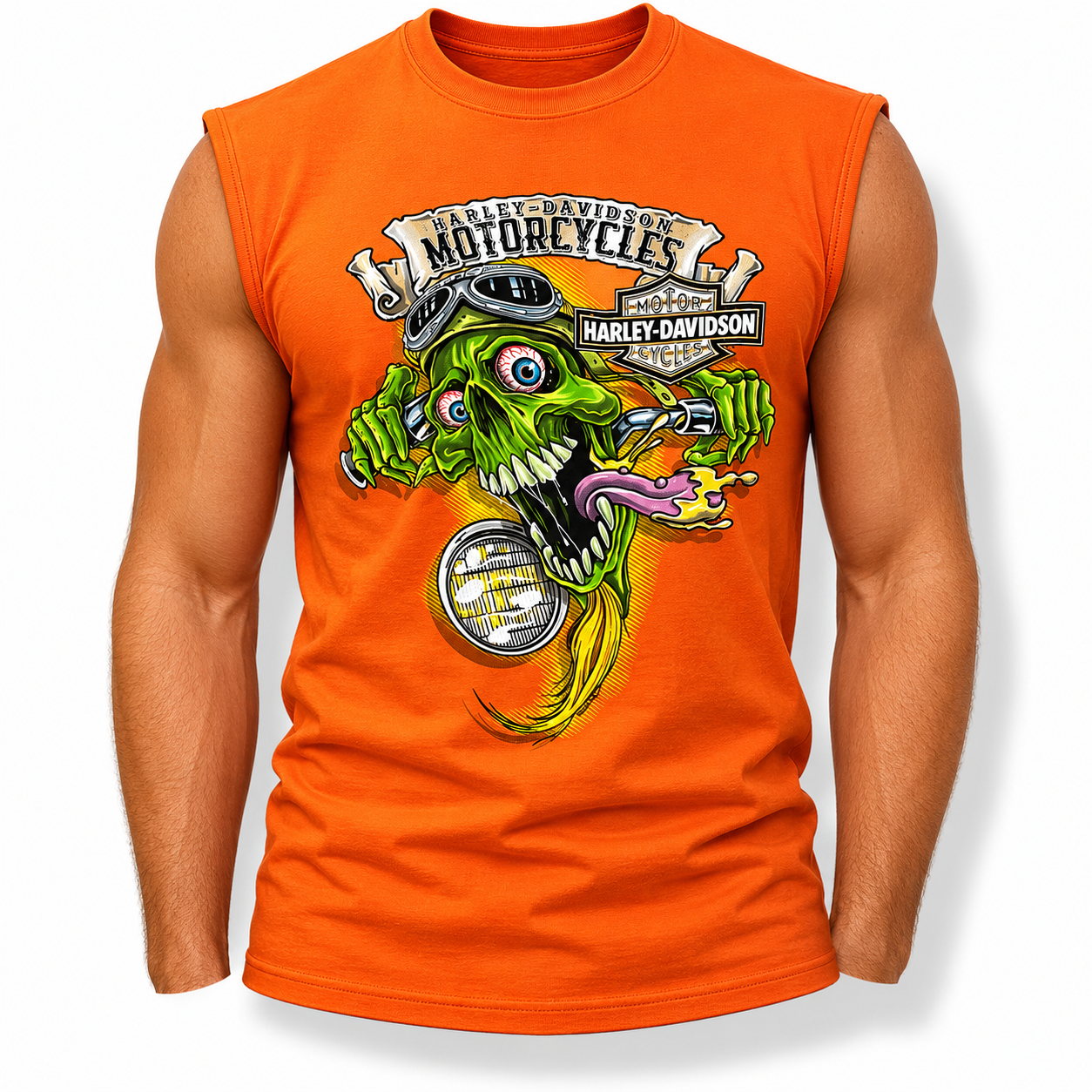 Harley-Davidson Men’s Orange Sleeveless Tank Shirt Graphic Muscle Tee, Orange
