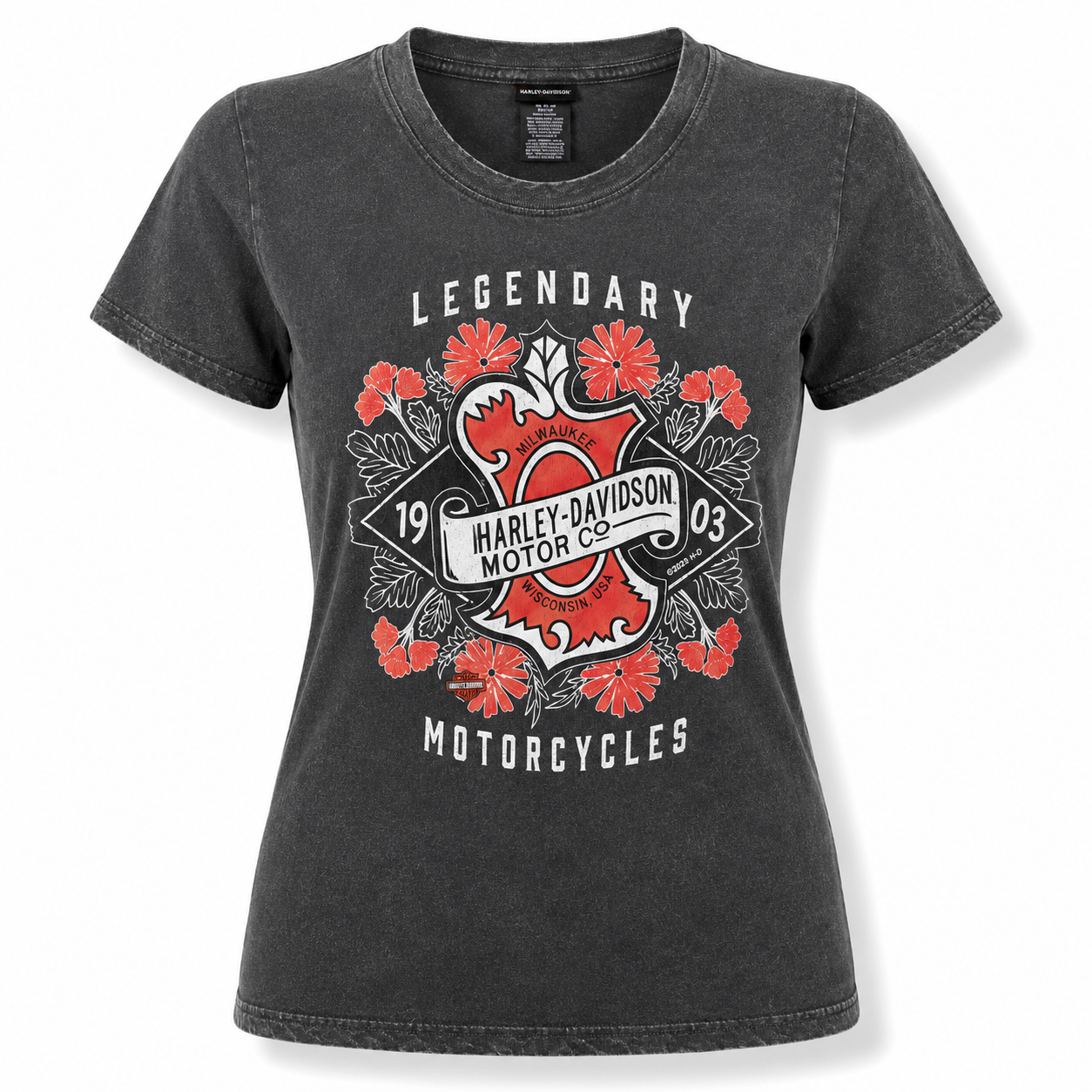 Harley-Davidson Women’s Legendary Floral Crest Distressed Black T-Shirt