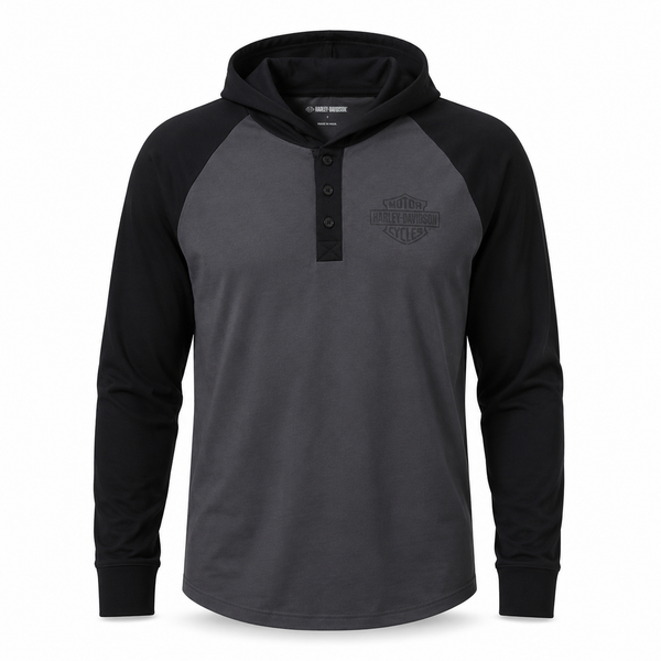 Harley-Davidson Men's Long Sleeve Raglan Henley with Hood, Gray - 9672