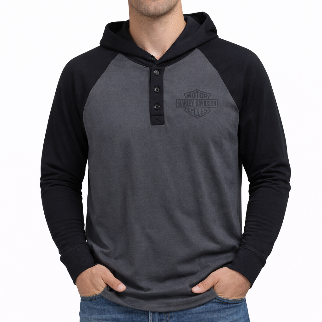 Harley-Davidson Men's Long Sleeve Raglan Henley with Hood, Gray - 96723-25VM