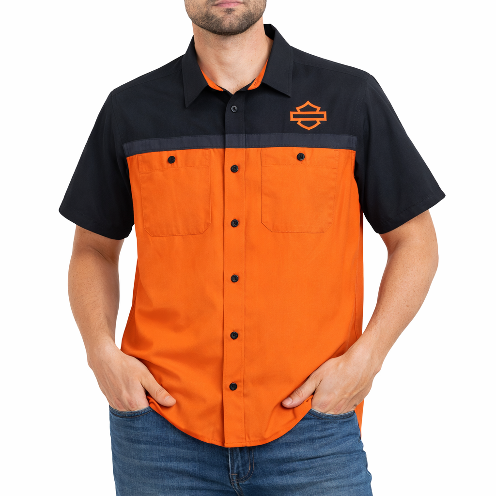 Harley-Davidson TECH Vented Button Shirt, Colorblock Orange & Black, 9