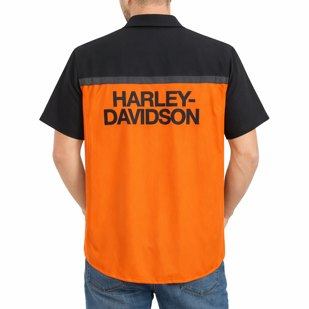Harley-Davidson TECH Vented Button Shirt, Colorblock Orange & Black, 9