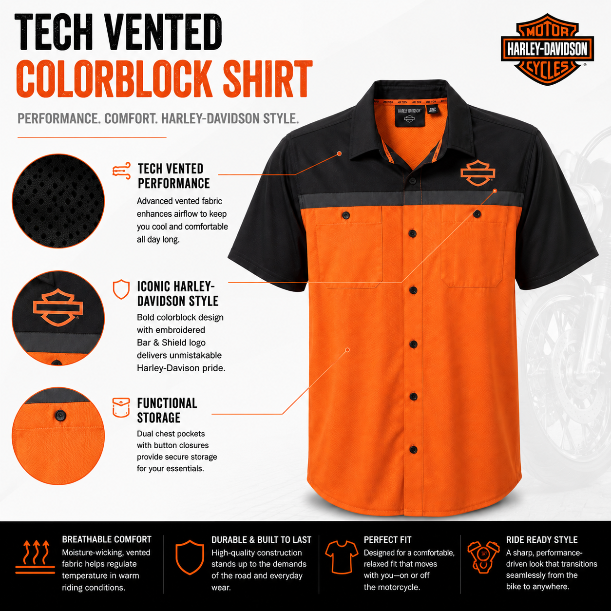 Harley-Davidson TECH Vented Button Shirt, Colorblock Orange & Black, 96737-25VM