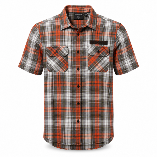 Harley-Davidson Men's Plaid Button Shirt, Block Font, Orange - 96738-2