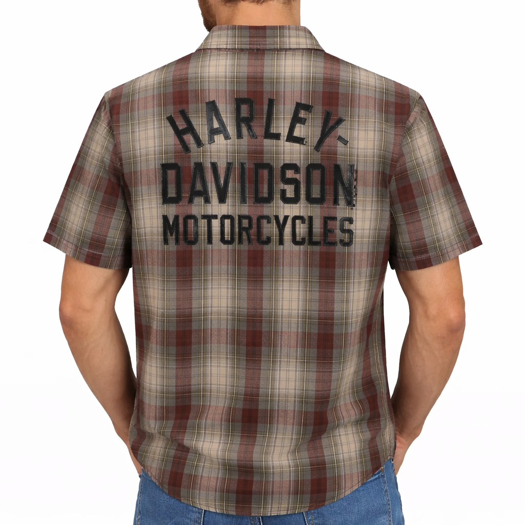 Harley-Davidson Men's Plaid Button Short Sleeve Shirt, Brown - 96813-25VM