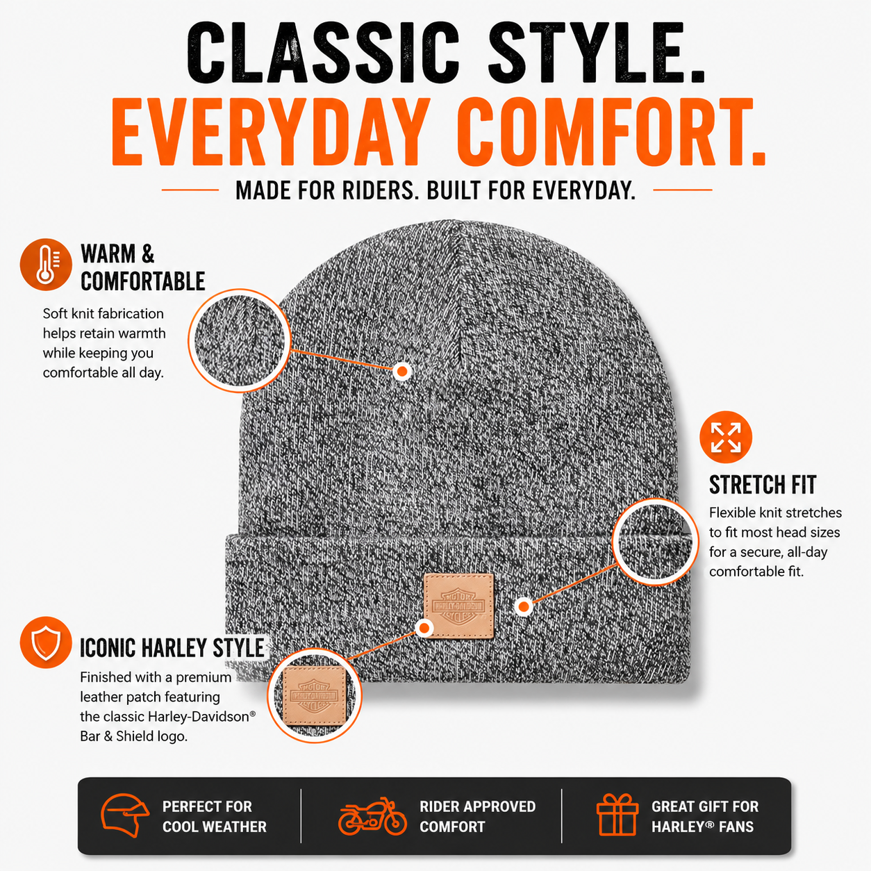 Harley-Davidson Forever Harley Leather Patch Beanie, Gray - 97753-25VX