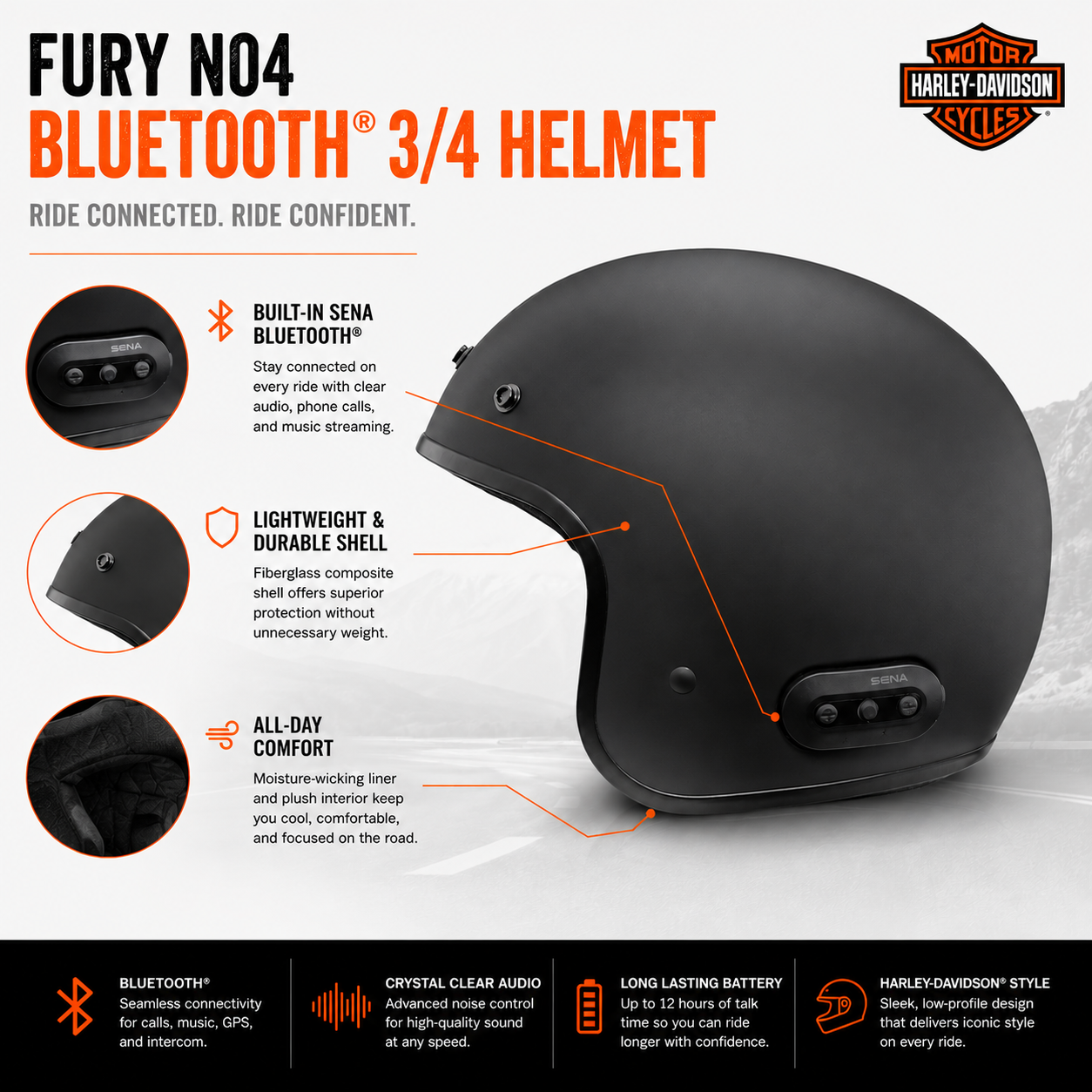 Harley-Davidson Fury N04 Bluetooth 3/4 Helmet - Batte Black |  98009-23VX