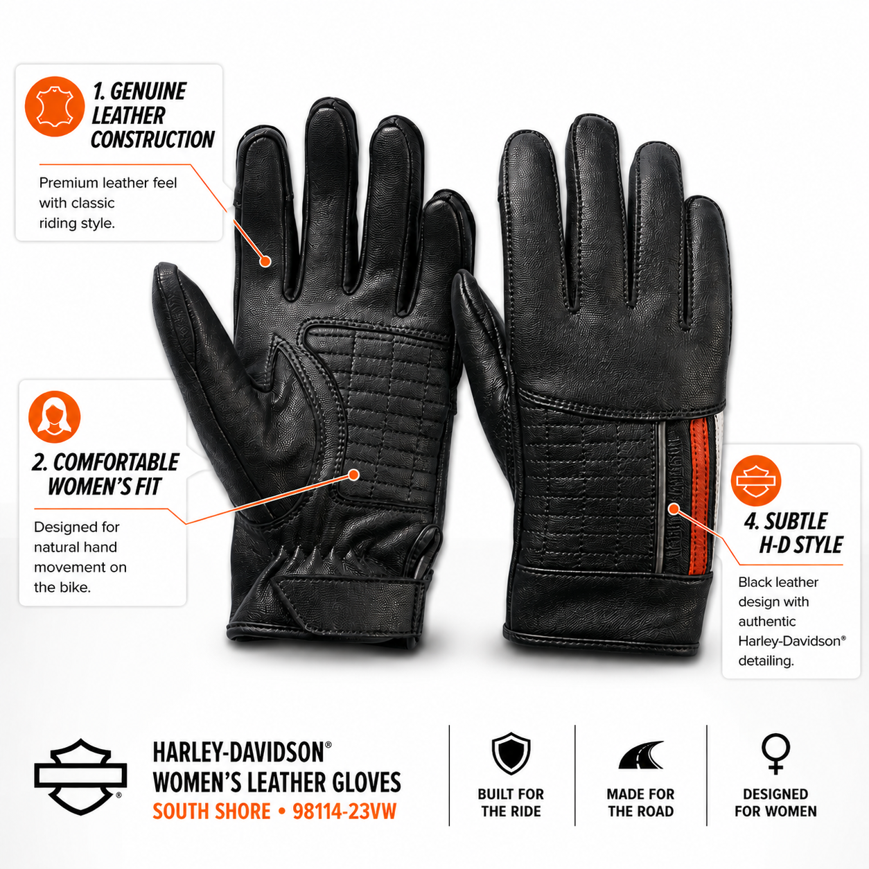 Harley-Davidson Women's Leather Motorcycle Gloves Black, South Shore 98114-23VW