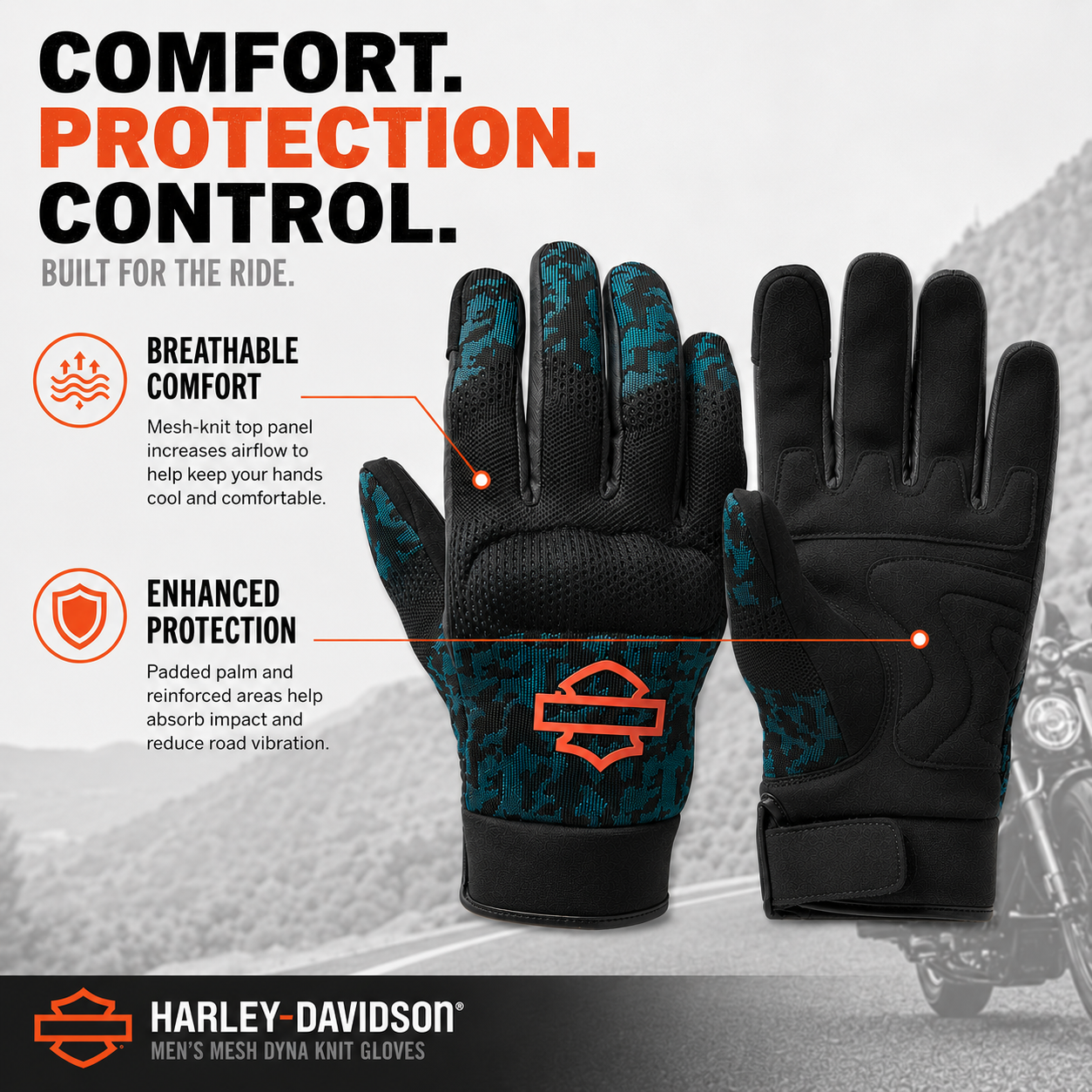 Harley-Davidson Mesh Motorcycle Gloves for Men Dyna Knit - Blue, 98137-23VM