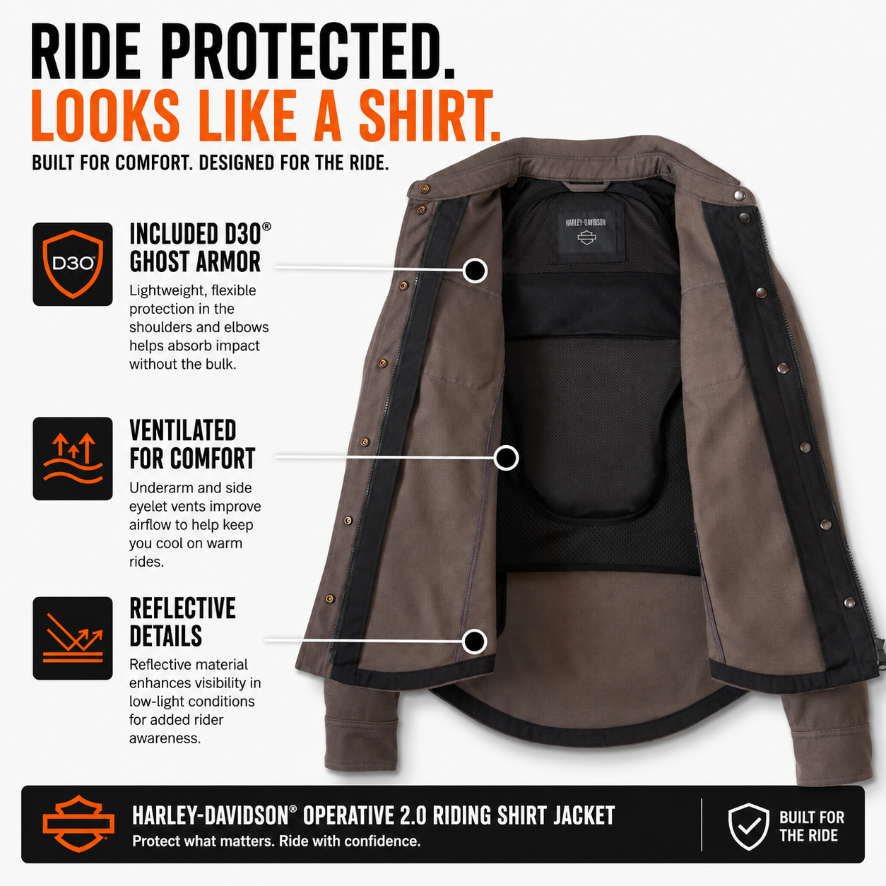 Harley-Davidson Women's Operative 2.0 Motorcycle Riding Shirt Jacket, Armored CE Certified Riding Jacket with D3O Ghost Armor, Brown, 98199-24VW