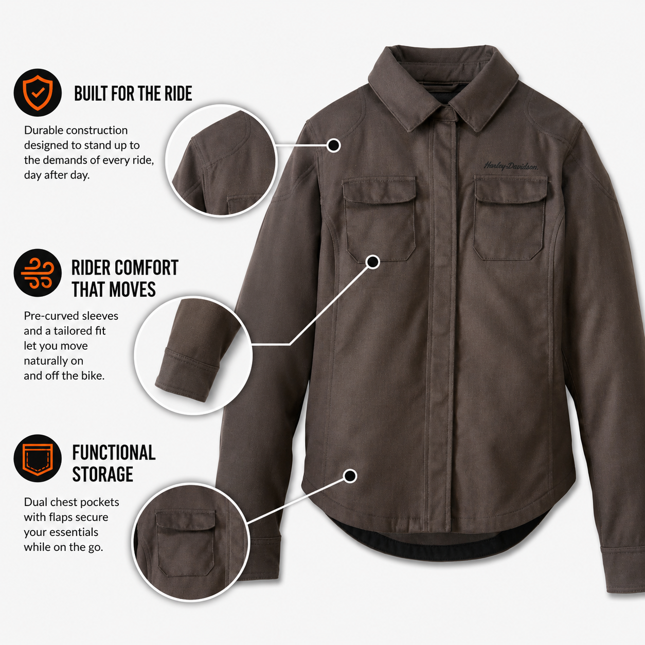 Harley-Davidson Women's Operative 2.0 Motorcycle Riding Shirt Jacket, Armored CE Certified Riding Jacket with D3O Ghost Armor, Brown, 98199-24VW