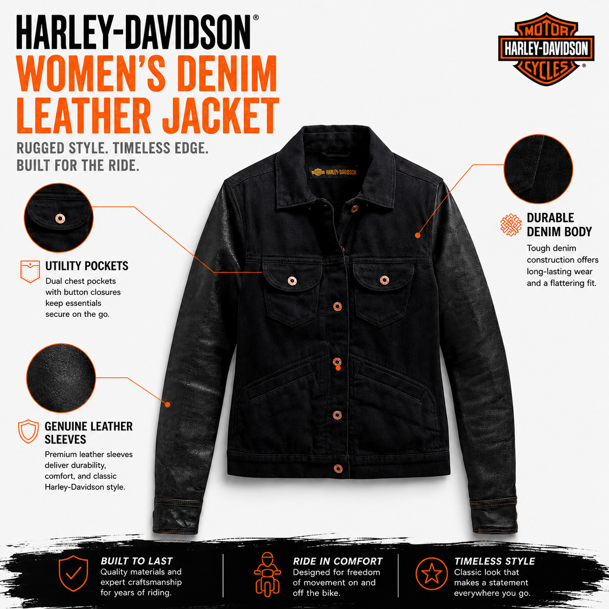Harley-Davidson Women's Leather Sleeve Denim Jacket – Black, 98411-20VW