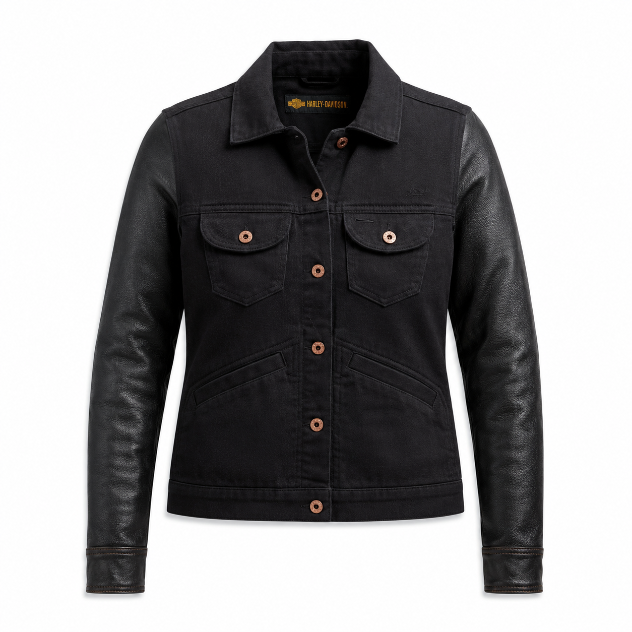 Harley-Davidson Women's Leather Sleeve Denim Jacket – Black, 98411-20VW