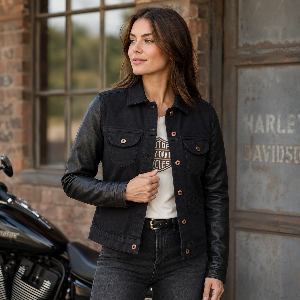 Harley-Davidson Women's Leather Sleeve Denim Jacket – Black, 98411-20VW