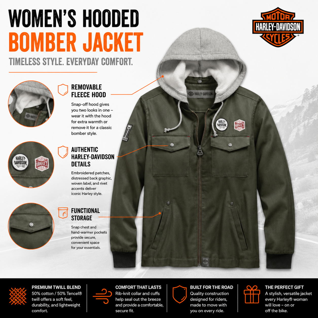 Harley-Davidson Women's Hooded Bomber Jacket – Olive Green | Snap-Off Hood | 98597-19VW