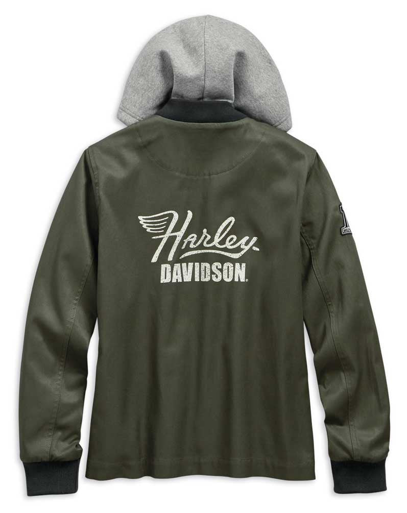 Green jacket with Harley Davidson logo on a white background