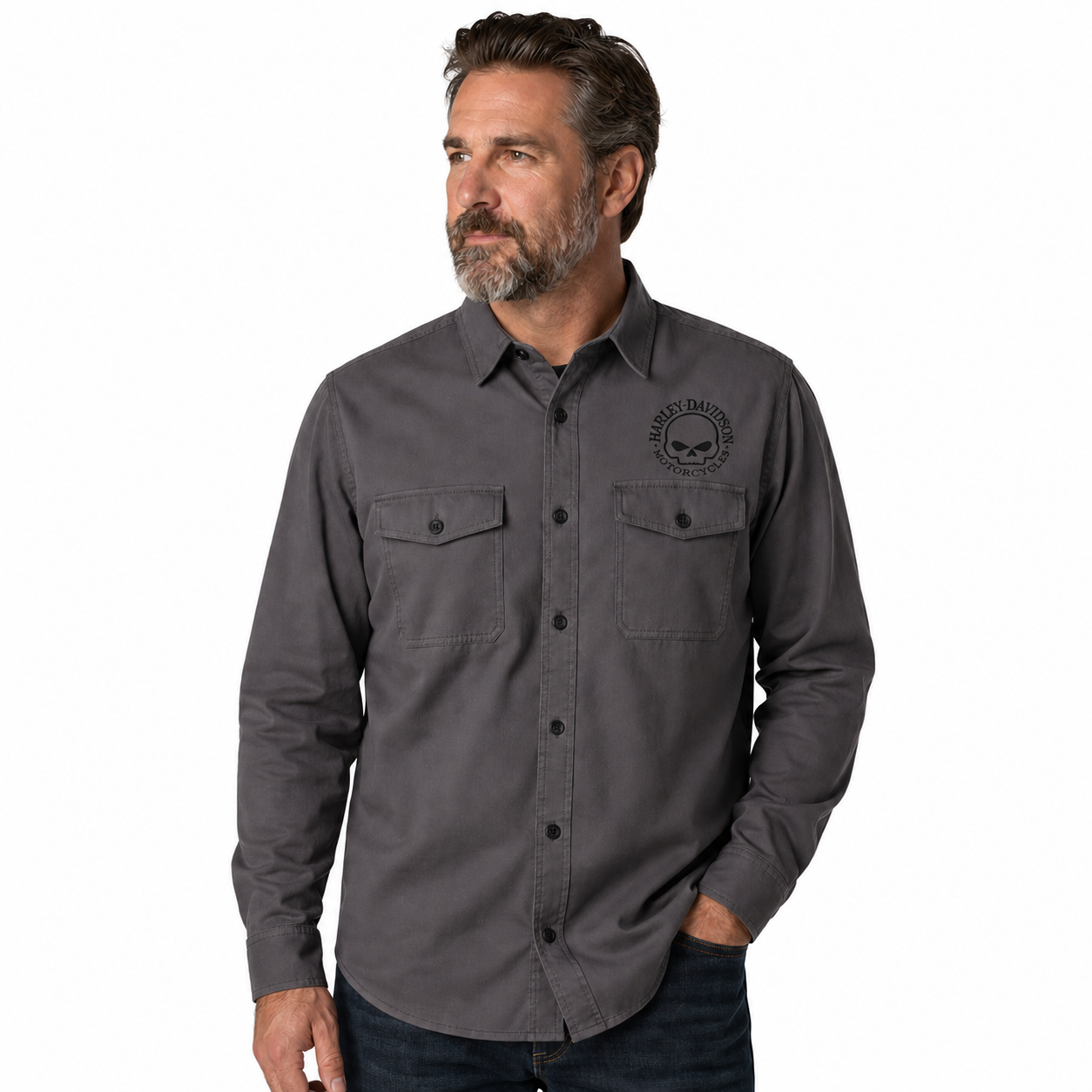 Harley-Davidson Men's Long Sleeve Button Shirt, Willie G Skull, Gray -
